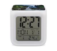 GHENBLT Scenic Mountain Waterfall Alarm Clocks LED Digital Clock with 7 Colors Changing 3" Cube Wake Up Clock with Temperature Snooze Silent Night Light Battery Operated Beside Lamp for Bedroom Decor