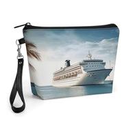 GHENBLT Seaside Cruise Ship Cosmetic Bag for Women Makeup Organizer with Wide Opening & Handle Waterproof PU Leather Zipper Pouch Portable Toiletry Bag for Skincare Brush Travel Essentials