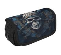 GHENBLT Skeleton Pirate Pencil Case Organizer Large Capacity Cute Pen Pouch with 3 Compartment Office Stationery Large Pencil Bags with Zipper Fabric Pen Bag for Adults Portable Makeup Bag (Black)