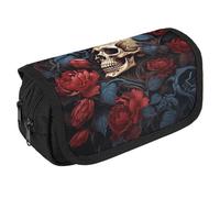GHENBLT Skull Image Poster Pencil Case Organizer Large Capacity Cute Pen Pouch with 3 Compartment Office Stationery Large Pencil Bags with Zipper Fabric Pen Bag for Adults Portable Makeup Bag (Black)