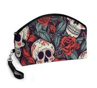 GHENBLT Sugar Skulls And Red Roses Cosmetic Bag for Women Makeup Organizer with Wide Opening & Handle Waterproof PU Leather Zipper Pouch Portable Toiletry Bag for Skincare Brush Travel Essentials