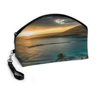 GHENBLT Sunrise Over Oahu Hawaii Cosmetic Bag for Women Makeup Organizer with Wide Opening & Handle Waterproof PU Leather Zipper Pouch Portable Toiletry Bag for Skincare Brush Travel Essentials