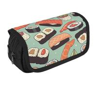GHENBLT Sushi Food Pattern Pencil Case Organizer Large Capacity Cute Pen Pouch with 3 Compartment Office Stationery Large Pencil Bags with Zipper Fabric Pen Bag for Adults Portable Makeup Bag (Black)