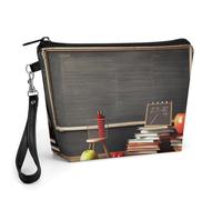 GHENBLT Teacher Classroom Chalkboard Cosmetic Bag for Women Makeup Organizer with Wide Opening & Handle Waterproof PU Leather Zipper Pouch Portable Toiletry Bag for Skincare Brush Travel Essentials
