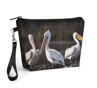 GHENBLT Three Pelicans Cosmetic Bag for Women Makeup Organizer with Wide Opening & Handle Waterproof PU Leather Zipper Pouch Portable Toiletry Bag for Skincare Brush Travel Essentials