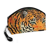GHENBLT Tiger Botanical Cosmetic Bag for Women Makeup Organizer with Wide Opening & Handle Waterproof PU Leather Zipper Pouch Portable Toiletry Bag for Skincare Brush Travel Essentials