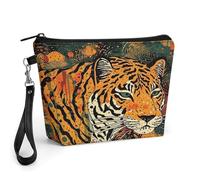GHENBLT Tiger Botanical Cosmetic Bag for Women Makeup Organizer with Wide Opening & Handle Waterproof PU Leather Zipper Pouch Portable Toiletry Bag for Skincare Brush Travel Essentials