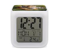 GHENBLT Tiger Laying on The Grass Alarm Clocks LED Digital Clock with 7 Colors Changing 3" Cube Wake Up Clock with Temperature Snooze Silent Night Light Battery Operated Beside Lamp for Bedroom Decor