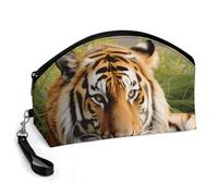 GHENBLT Tiger Laying on The Grass Cosmetic Bag for Women Makeup Organizer with Wide Opening & Handle Waterproof PU Leather Zipper Pouch Portable Toiletry Bag for Skincare Brush Travel Essentials