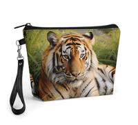 GHENBLT Tiger Laying on The Grass Cosmetic Bag for Women Makeup Organizer with Wide Opening & Handle Waterproof PU Leather Zipper Pouch Portable Toiletry Bag for Skincare Brush Travel Essentials