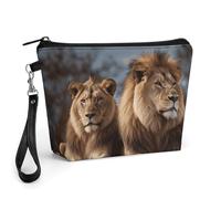 GHENBLT Two Lions Cosmetic Bag for Women Makeup Organizer with Wide Opening & Handle Waterproof PU Leather Zipper Pouch Portable Toiletry Bag for Skincare Brush Travel Essentials