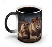 GHENBLT Two Lions Magic Color Changing Mug 11 Oz Reveals Surprise Design with Hot Coffee Heat Sensitive Black Ceramic Cup Fun Novelty Gift for Christmas Birthday Office for Men Women