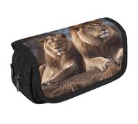 GHENBLT Two Lions Pencil Case Organizer Large Capacity Cute Pen Pouch with 3 Compartment Office Stationery Large Pencil Bags with Zipper Fabric Pen Bag for Adults Portable Makeup Bag (Black)