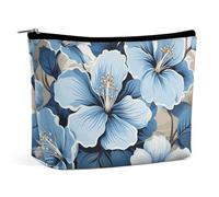 GHENBLT Waterproof Travel Makeup Bag Case Organizer, PU Leather Blue Hibiscus Flower Cosmetic Bags, Small Toiletry Case Cute, Portable Zipper Pouch for Women Men, Travel Accessories