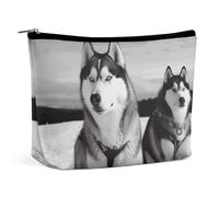 GHENBLT Waterproof Travel Makeup Bag Case Organizer, PU Leather Husky Dogs Snow Cosmetic Bags, Small Toiletry Case Cute, Portable Zipper Pouch for Women Men, Travel Accessories