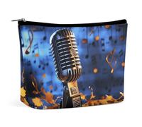 GHENBLT Waterproof Travel Makeup Bag Case Organizer, PU Leather Microphone with Music Notes Cosmetic Bags, Small Toiletry Case Cute, Portable Zipper Pouch for Women Men, Travel Accessories