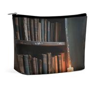 GHENBLT Waterproof Travel Makeup Bag Case Organizer, PU Leather Old Bookshelf Candle Cosmetic Bags, Small Toiletry Case Cute, Portable Zipper Pouch for Women Men, Travel Accessories