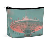 GHENBLT Waterproof Travel Makeup Bag Case Organizer, PU Leather Retro Flying Saucer Cosmetic Bags, Small Toiletry Case Cute, Portable Zipper Pouch for Women Men, Travel Accessories