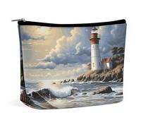 GHENBLT Waterproof Travel Makeup Bag Case Organizer, PU Leather Sea Lighthouse Sandbeach Cosmetic Bags, Small Toiletry Case Cute, Portable Zipper Pouch for Women Men, Travel Accessories