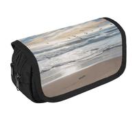 GHENBLT Waves Sea Birds Pencil Case Organizer Large Capacity Cute Pen Pouch with 3 Compartment Office Stationery Large Pencil Bags with Zipper Fabric Pen Bag for Adults Portable Makeup Bag (Black)