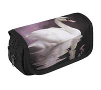 GHENBLT White Swan Pencil Case Organizer Large Capacity Cute Pen Pouch with 3 Compartment Office Stationery Large Pencil Bags with Zipper Fabric Pen Bag for Adults Portable Makeup Bag (Black)