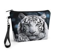 GHENBLT White Tiger Cosmetic Bag for Women Makeup Organizer with Wide Opening & Handle Waterproof PU Leather Zipper Pouch Portable Toiletry Bag for Skincare Brush Travel Essentials