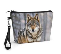GHENBLT Wolf Cosmetic Bag for Women Makeup Organizer with Wide Opening & Handle Waterproof PU Leather Zipper Pouch Portable Toiletry Bag for Skincare Brush Travel Essentials