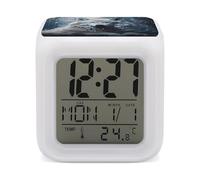 GHENBLT Wolf Sitting in The Snow Alarm Clocks LED Digital Clock with 7 Colors Changing 3" Cube Wake Up Clock with Temperature Snooze Silent Night Light Battery Operated Beside Lamp for Bedroom Decor