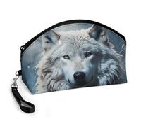 GHENBLT Wolf Sitting in The Snow Cosmetic Bag for Women Makeup Organizer with Wide Opening & Handle Waterproof PU Leather Zipper Pouch Portable Toiletry Bag for Skincare Brush Travel Essentials