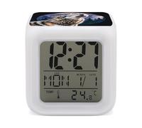 GHENBLT Wolves Howl at The Moon Alarm Clocks LED Digital Clock with 7 Colors Changing 3" Cube Wake Up Clock with Temperature Snooze Silent Night Light Battery Operated Beside Lamp for Bedroom Decor