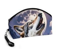 GHENBLT Wolves Howl at The Moon Cosmetic Bag for Women Makeup Organizer with Wide Opening & Handle Waterproof PU Leather Zipper Pouch Portable Toiletry Bag for Skincare Brush Travel Essentials
