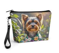 GHENBLT Yorkie Floral Cosmetic Bag for Women Makeup Organizer with Wide Opening & Handle Waterproof PU Leather Zipper Pouch Portable Toiletry Bag for Skincare Brush Travel Essentials