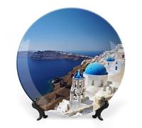 GHEPSDW Bone China Decorative Plate,Ceramic Decorative Plates with Display Stand,Ceramic Ornaments for Wall Hanging Decoration for Home Office Decor Santorini Greek Island Sea View Printed