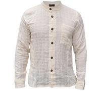 Gheri Mens Cotton Check Textured Button Down Grandad Collar Shirt Cream XX-Large