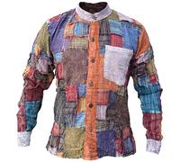 Gheri Men's Grid Patchwork Cotton Long Sleeve Casual Grandad Collarless Shirt Tops Kurtas Large
