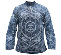 Gheri Mens Mandala Print Stone Washed Hemp Cotton Handmade Long Sleeve Meditation Grandad Shirt Blue Small