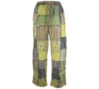Gheri Mens Patchwork Fleece Lined Winter Boho Print Cotton Trousers Green Tone Small