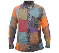Gheri Mens Patchwork Long Sleeve Button Down Hippy Collar Shirt Plain Patch Medium