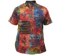 Gheri Patchwork Tie Dye Spiral Symbols Festival Hippy Drawstring Lace Up Grandad Collar Short Sleeve T-Shirt XX-Large Multicoloured
