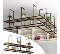 GHFXSCV 2-Tier Ceiling Shelf Wall-Mounted Hanging Storage for Wine Bottles and Plants, Solid Wood & Wrought Iron Design, Space-Saving Home Decor