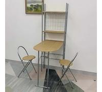 GHFXSCV Folding Wall Dining Table Set - Metal Kitchen Table with Drop-Leaf2 Chairs & Large Storage Shelf - Compact Workstation for 2Perfect for Small Spaces & Home Office (Natural Finish)