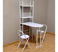 GHFXSCV Wall-Mounted Folding Dining Table Set with Drop-Leaf2 Chairs & Storage Shelf - Compact Metal Kitchen Workstation for Small SpacesHome Office & Dining (White)