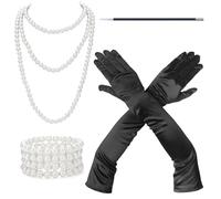 GHGMAO 4PCS 1920s Accessories, Long Pearl Necklace Bracelet Cigarette Holder Black Gloves for Women Roaring 20s Flapper Accessories Costume