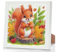 GHHKUD Autumn Diamond Art Kits for Kids with Frame, Fall Squirrel 5D Diamond Painting Kit for Kids Adults, Crystal Small Diamonds Gem Art Crafts Kits Gift for Girls Boys Children Ages 6-8-12(7x7inch)