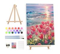 GHHKUD Paint by Number Kits for Adult with Wooden Easel, Oil Acrylic Painting by Numbers Kit for Adults Beginners on Framed Canvas, Flowers Beach Arts and Crafts for Home Wall Decor-12x16inch