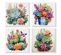 GHHKUD Paint by Numbers Kits for Adults Beginners, 4 Pack Cactus Flowers Painting by Numbers Canvas Kit for Kid, Acrylic Colourful Paint by Numbers with Wooden Framed Canvas, Crafts for Decor 8x8inch