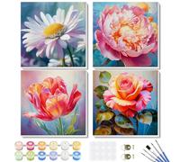 GHHKUD Paint By Numbers Kits for Adults Beginners, 4 Pack Canvas Painting By Numbers Kit for Adults, Flowers Landscape Acrylic Paint By Numbers with Wooden Frame, Crafts for Home Wall Decor 8x8inch