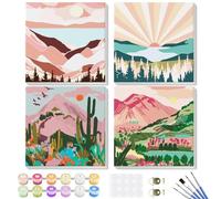 GHHKUD Paint by Numbers Kits for Adults Beginners, 4 Pack Canvas Painting by Numbers Kit for Children, Natural Landscape Mountain Paint by Numbers with Wooden Frame & Velcro (8x8inch)