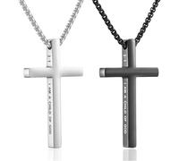 GHIUYUI 2 Pcs Silver Black Cross Necklace for Men Inspirational Bible Verse Cross Chain, Religious Christian Stainless Steel Cross Pendant Necklace Jewelry Gifts, One Size, Stainless Steel, No