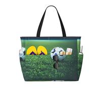 Ghjkfbf Soccer Ball On Grassy Print Large Capacity Beach Travel Bag For Family, Beach Tote Bag For Women With Zipper Pockets